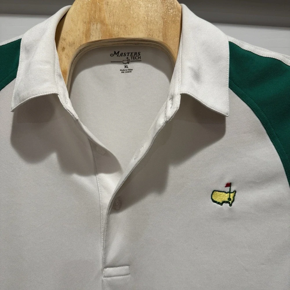 Masters Tech Golf Mens XL Athletic Polo Shirt Green‎ & White With Logo *flaw